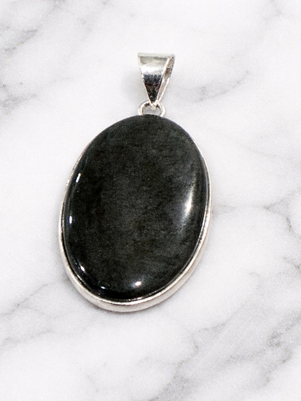 Silver Sheen Obsidian Pendant Large Oval Cabochon Black Shimmer Stone